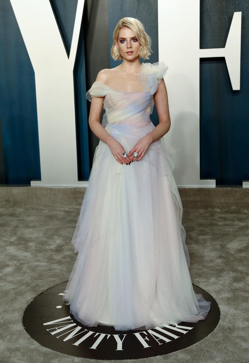 Lucy Boynton in Miu Miu at the 2020 Vanity Fair Oscar Party. EPA