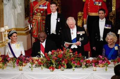 From left, Catherine, Princess of Wales, President Cyril Ramaphosa of South Africa, King Charles III and Camilla, Queen Consort, during the state banquet at Buckingham Palace on Tuesday. Getty