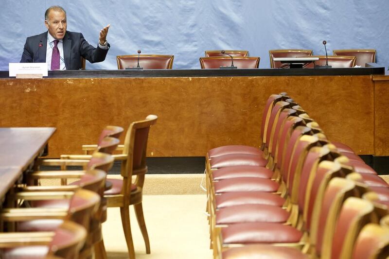 Ayman Gharaibeh, UNHCR representative in Yemen, delivers a speech on the humanitarian situation in the country, during a press conference at the European headquarters of the United Nations in Geneva, Switzerland. According to the United Nations, more than 7,400 people, including around 1,400 children, have been killed in two years of fighting in Yemen. Three million others have been displaced. Salvatore Di Nolfi / EPA / February 17, 2017