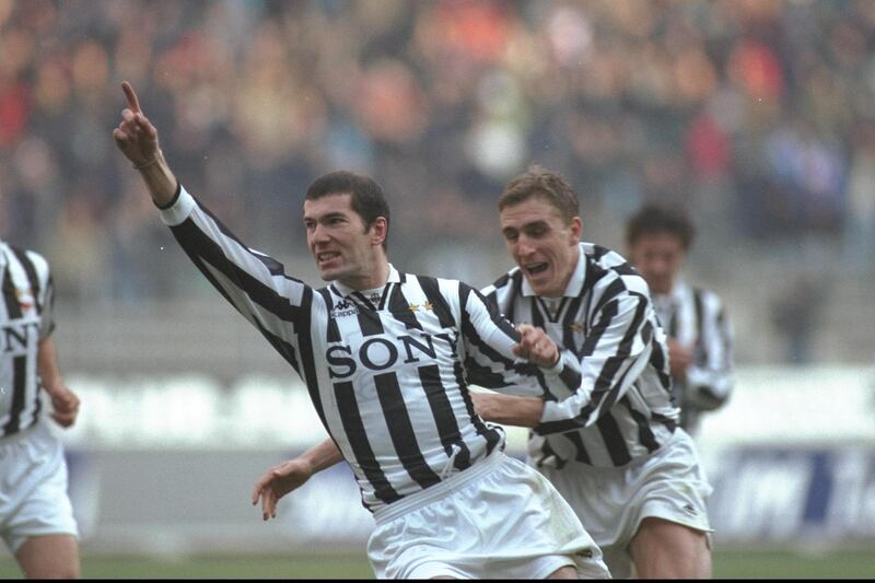 1 Dec 1996:  Zinedane Zidane of Juventus (left) and teammate Alen Boksic celebrate a goal during the Serie A match between Juventus and Bologna in Turin, Italy. Juventus won 1-0. Mandatory Credit: Claudio Villa/Allsport