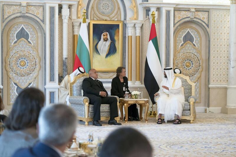 ABU DHABI, UNITED ARAB EMIRATES - October 21, 2018: HH Sheikh Mohamed bin Zayed Al Nahyan, Crown Prince of Abu Dhabi and Deputy Supreme Commander of the UAE Armed Forces (R) meets with HE Boyko Borissov, Prime Minister of Bulgaria (3rd R), at Presidential Palace.

( Mohamed Al Hammadi / Crown Prince Court - Abu Dhabi )
---