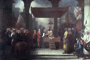 Robert Clive receiving the land revenues of Bengal, Bihar and Orissa in 1765. Benjamin West