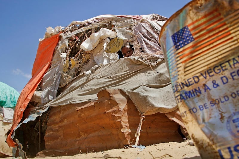 A Somali boy displaced by drought peers out from a makeshift shelter at a camp for displaced persons in the Daynile neighborhood on the outskirts of the capital Mogadishu, in Somalia.  AP