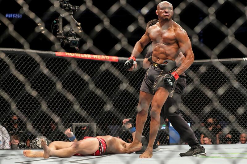 Kamaru Usman celebrates his victory over Jorge Masvidal during their welterweight title bout at UFC 261 at VyStar Veterans Memorial Arena in Jacksonville, Florida, on Sunday, April 25. AFP