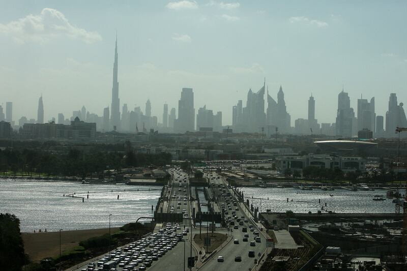 DUBAI , UNITED ARAB EMIRATES Ð Feb 02 : View of the floating bridge and Dubai Skyline from Deira Dubai. ( Pawan Singh / The National ) For Stock.