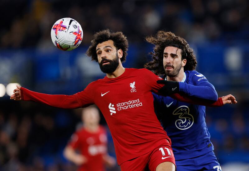 Liverpool's Mohamed Salah in action with Chelsea's Marc Cucurella during the 0-0 draw at Stamford Bridge. Action Images