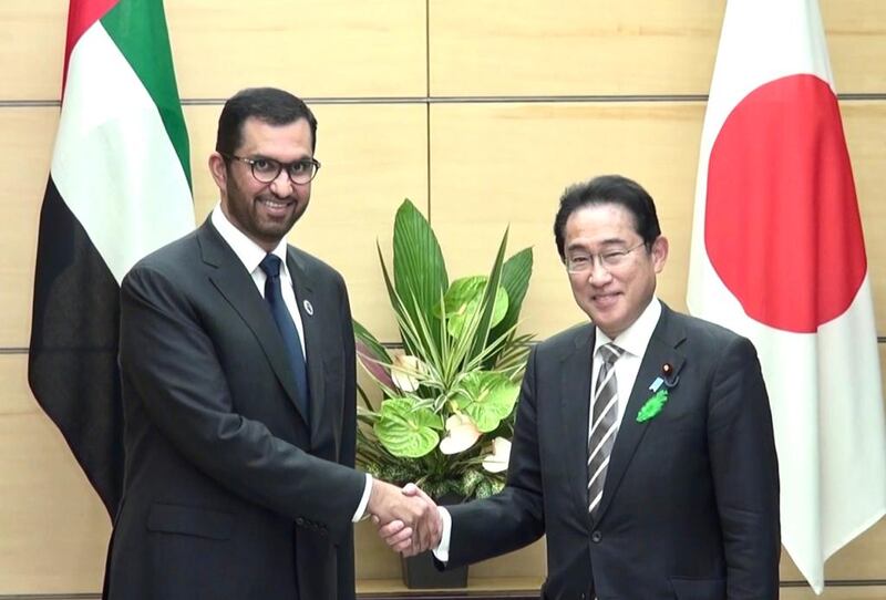 Dr Sultan Al Jaber, Cop28 President-designate, meets Japan's Prime Minister Fumio Kishida in Tokyo on Friday. Photo  Twitter