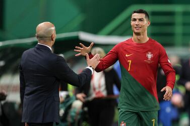 Portugal's Cristiano Ronaldo celebrates with the team's head coach Roberto Martinez after scoring a goal during the UEFA EURO 2024 qualification match between Portugal and Liechtenstein, in Lisbon, Portugal, 23 March 2023.   EPA/MIGUEL A.  LOPES