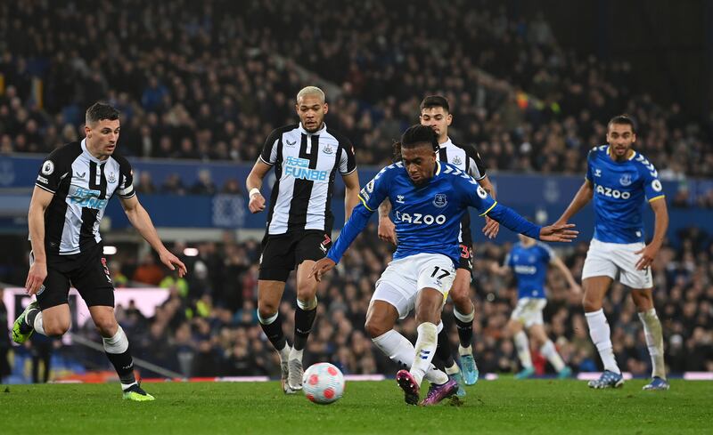Everton's Alex Iwobi scores the only goal of the Premier League game against Newcastle United at Goodison Park on Thursday, March 17, 2022. Getty