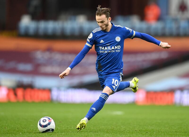 BIRMINGHAM, ENGLAND - FEBRUARY 21: James Maddison of Leicester City shoots during the Premier League match between Aston Villa and Leicester City at Villa Park on February 21, 2021 in Birmingham, England. Sporting stadiums around the UK remain under strict restrictions due to the Coronavirus Pandemic as Government social distancing laws prohibit fans inside venues resulting in games being played behind closed doors. (Photo by Michael Regan/Getty Images)