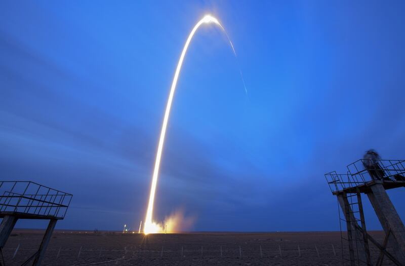 BAIKONUR COSMODROME, KAZAKHSTAN - SEPTEMBER 25:  In this handout provided by the National Aeronautics and Space Administration (NASA), The Soyuz MS-15 spacecraft is seen in this long exposure photograph as it launches with Expedition 61 crewmembers Jessica Meir of NASA and Oleg Skripochka of Roscosmos, and spaceflight participant Hazzaa Ali Almansoori of the United Arab Emirates  September 25,  2019 from the Baikonur Cosmodrome in Kazakhstan.  (Photo by Bill Ingalls /NASA via Getty Images)