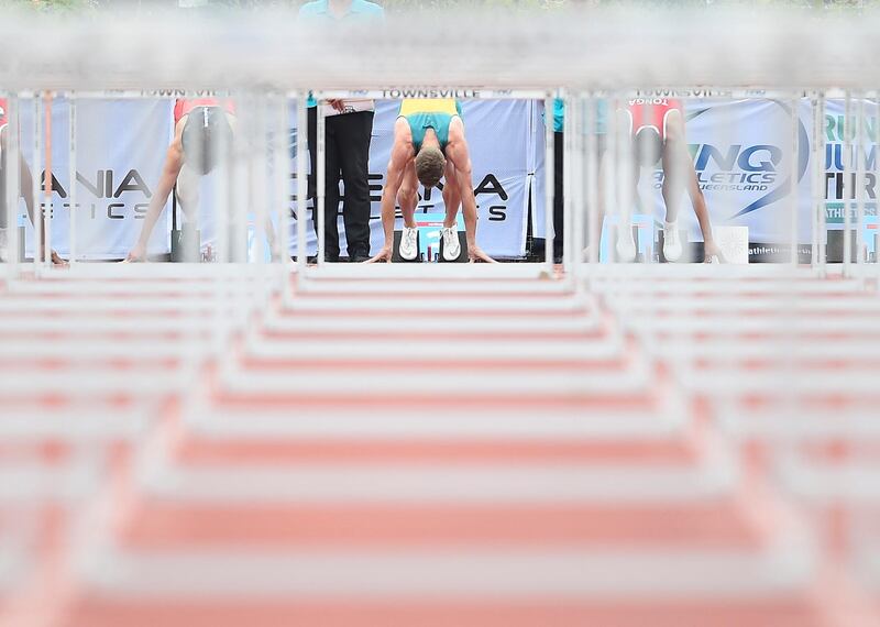 Aidan Cusworth of Australia competes in the men's 110m hurdles in Townsville, Australia. Getty Images