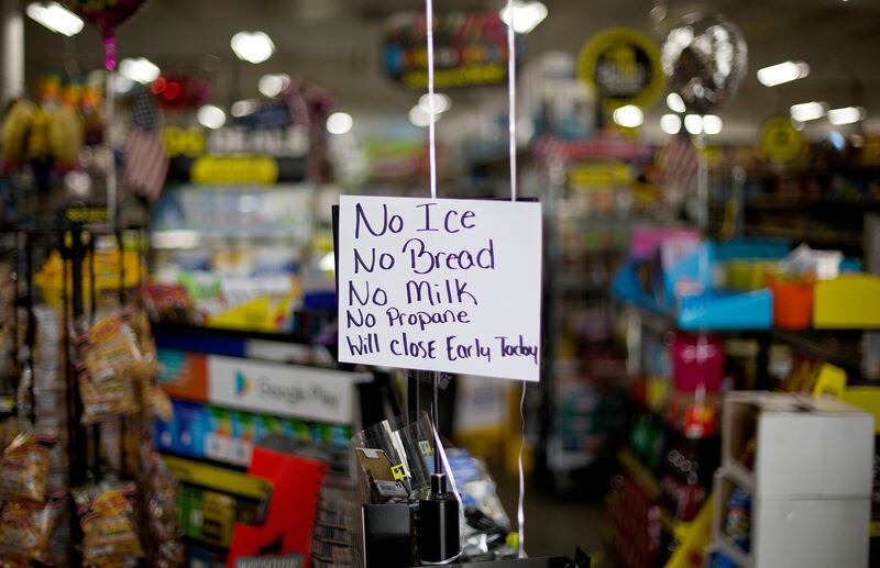 A message greets shoppers of supplies no longer available as Hurricane Florence approaches the east coast in Nichols, South Carolina. David Goldman / AP Photo