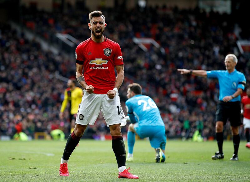 Manchester United's Bruno Fernandes reacts after being awarded a penalty following a foul by Watford's goalkeeper Ben Foster during their match at Old Trafford on Sunday. PA