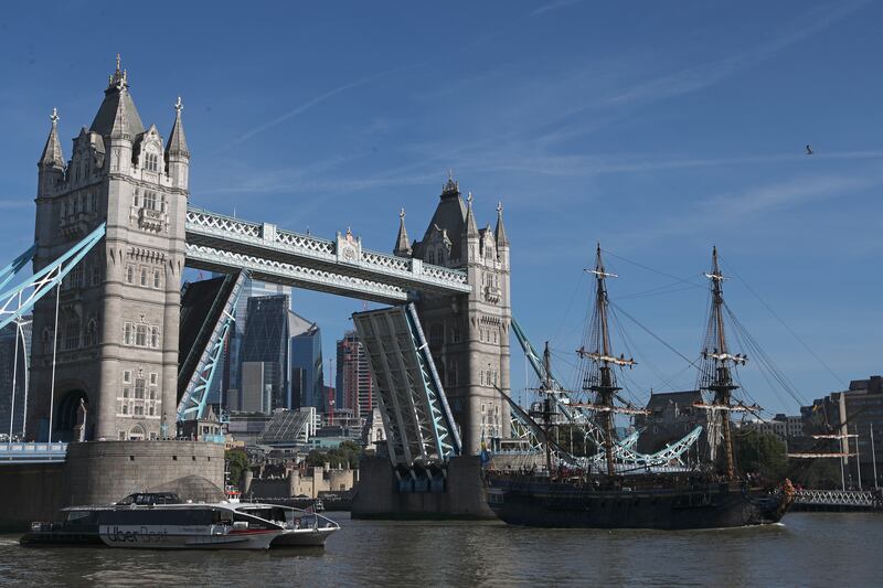 A replica of the Goetheborg, which sank off the Swedish coast in 1745, sails down the Thames after passing under Tower Bridge in London. AP
