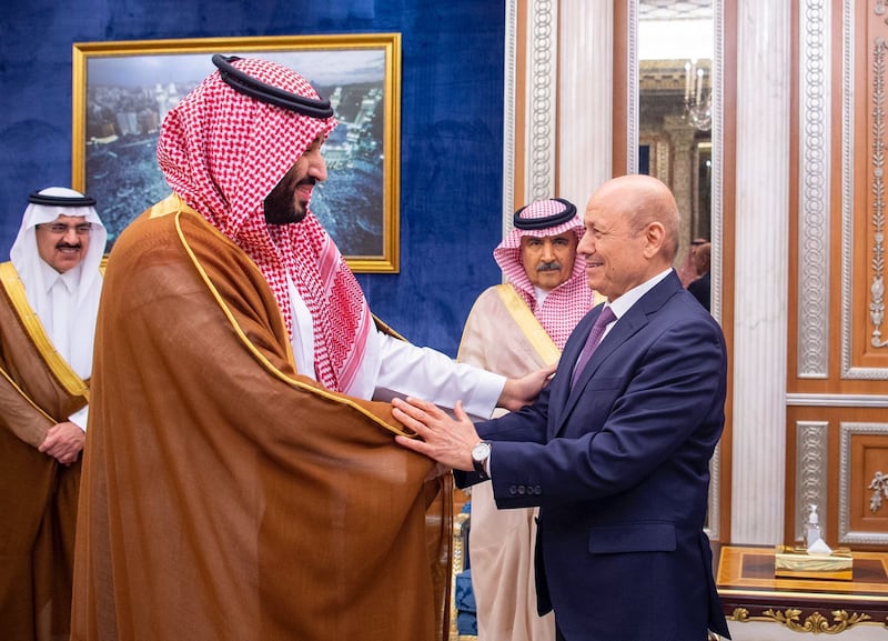 Saudi Crown Prince Mohammed bin Salman, left, greets Gen Rashad Al Alimi, the head of the newly established Yemeni presidential council, in Riyadh. All photos: EPA