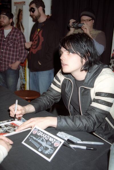 UNSPECIFIED - CIRCA 2000:  Photo of Gerard WAY and MY CHEMICAL ROMANCE; Gerard Way at a signing for his latest "The Umbrella Academy" comic book instore at Golden Apple Comics  (Photo by Christina Radish/Redferns)