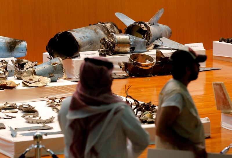 The Saudi military displays what they say are an Iranian cruise missile and drones used in recent attack on its oil industry at Saudi Aramco's facilities, during a press conference in Riyadh, Saudi Arabia, Wednesday, September 18, 2019.  AP Photo