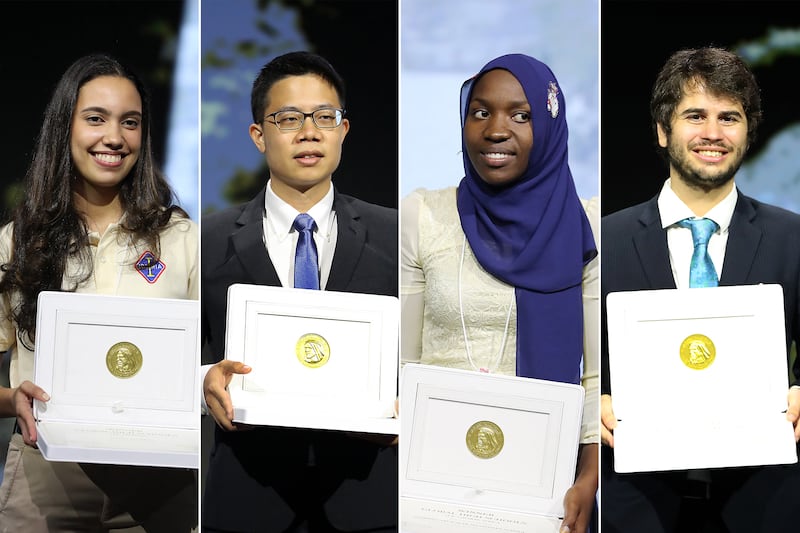 Some of the winners of the Zayed Sustainability Awards 2022 at Expo 2020 Dubai. Pawan Singh / The National
