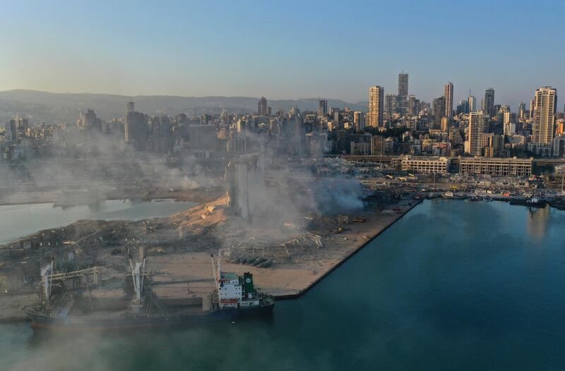 A drone picture shows smoke from the scene of an explosion at the seaport of Beirut. AP Photo