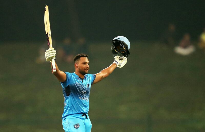 ABU DHABI , UNITED ARAB EMIRATES, October 05, 2018 :- Tony De Zorzi of Multiply Titans celebrating after scoring his century during the Abu Dhabi T20 cricket match between Multiply Titans  vs Boost Defenders held at Zayed Cricket Stadium in Abu Dhabi. ( Pawan Singh / The National )  For Sports. Story by Amith