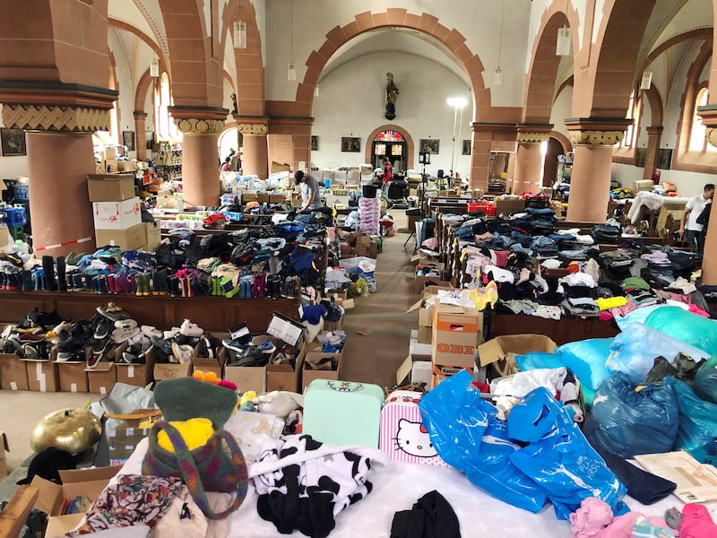 Donations for flood victims in the church of St Nicholas and Rochus in Mayschoss, in Ahrweiler district, Rhineland-Palatinate, western Germany. Volunteer group Syrian Volunteers in Germany helped with the relief effort in Ahrweiler.