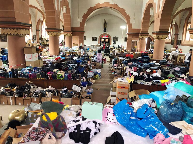 Donations for flood victims in the church of St Nicholas and Rochus in Mayschoss, in Ahrweiler district, Rhineland-Palatinate, western Germany. Volunteer group Syrian Volunteers in Germany helped with the relief effort in Ahrweiler.