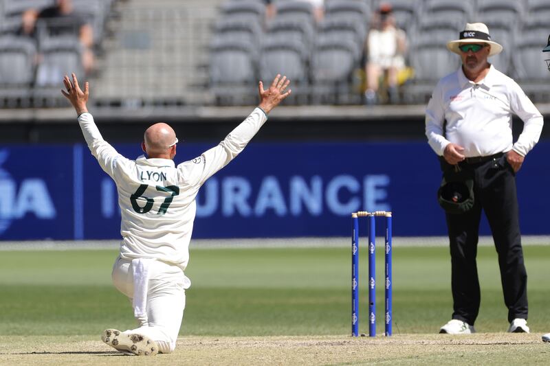 Nathan Lyon of Australia appeals unsuccessfully for the wicket of Saud Shakeel of Pakistan. EPA