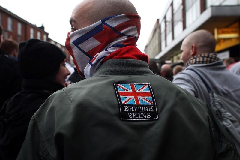 Members of the English Defence League hold a demonstration in Bolton’s Victoria Square, where United Against Fascism protesters also held a rally on March 20, 2010. Christopher Furlong / Getty Images


