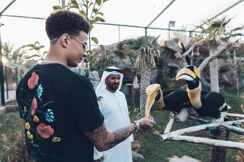 England footballer Dele Alli in Dubai on February 6. While in the UAE, Alli visited the Belhasa farm, and joked that he had befriended some "funny looking pigeons". He's in the UAE for hot weather trainingh at Nad Al Sheba. Instagram / Dele Alli 