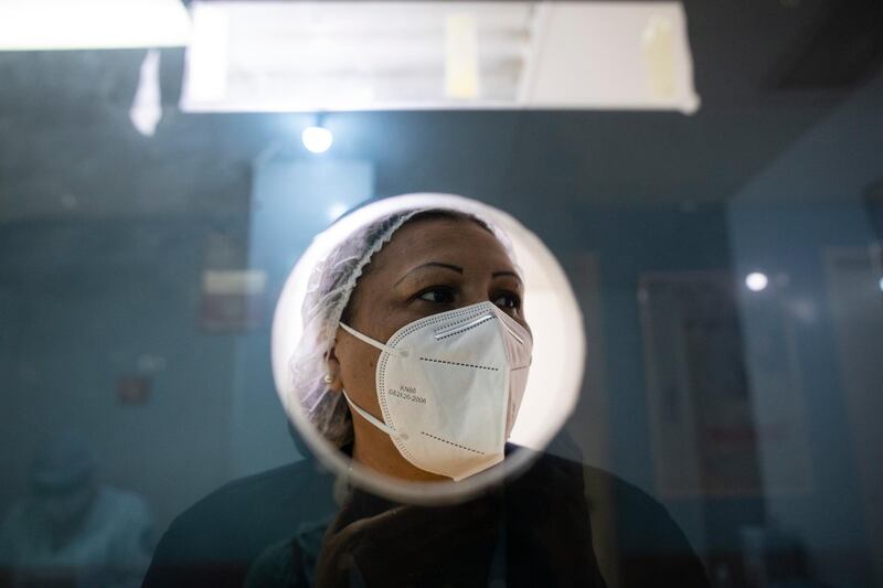 A nurse waits to vaccinate a group of elderly with the Sputnik V vaccine at the Perez Carreno public hospital in Caracas, Venezuela. AP Photo