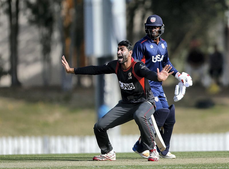 Dubai, March, 16, 2019: Ahmed Raza of UAE appeals for LBW unsuccessfully during their match against USA in the T20 match at the ICC Academy in Dubai. Satish Kumar/ For the National / Story by Paul Radley