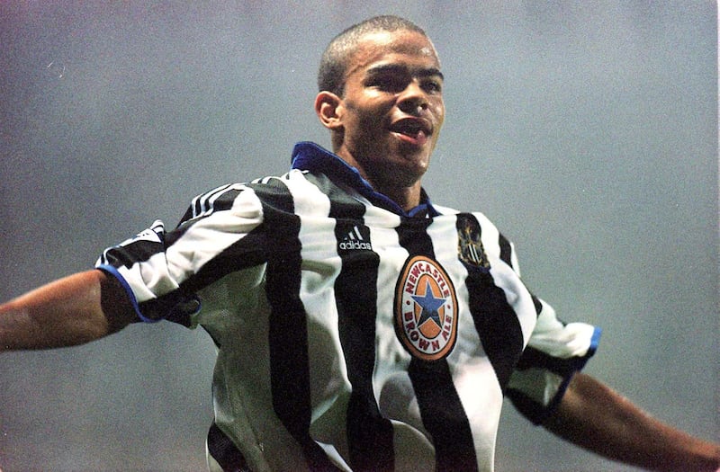 This picture can only be used within the context of an editorial feature: Kieron Dyer celebrates his goal for Newcastle United against Sunderland in their Premiership football match at St James' Park, Newcastle.  *07/11/01Newcastle United's Carl Cort, Kieron Dyer, and Craig Bellamy have been sent home from a Spanish training camp and fined by Newcastle for breach of discipline. United player Andy Griffin was also sent home for the same reasons.   (Photo by John Giles - PA Images/PA Images via Getty Images)