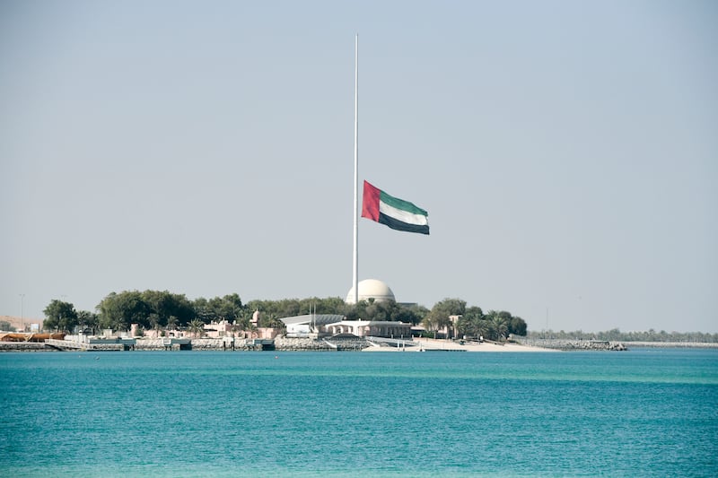 The UAE will enter 40 days of mourning with flags at half-staff, and government ministries and federal, local and private sector entities closing for three days. Khushnum Bhandari / The National
