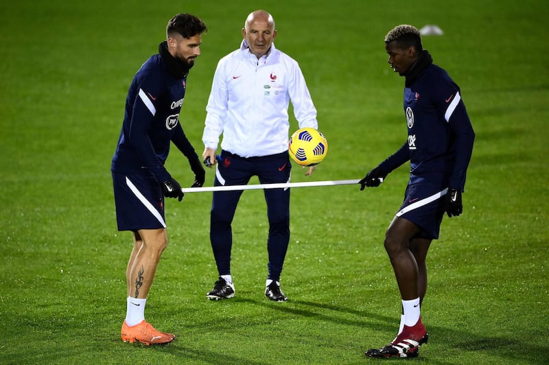 France players Olivier Giroud, left, and Paul Pogba during training at Clairefontaine-en-Yvelines ahead of their upcoming Uefa Nations League matches. AFP