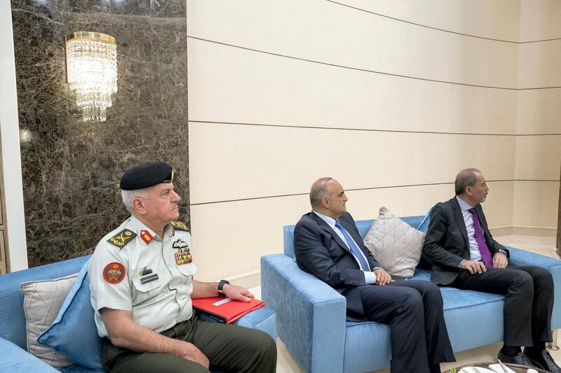 ABU DHABI, UNITED ARAB EMIRATES - July 27, 2019: Members of the Jordanian delegation attend a meeting with HH Sheikh Mohamed bin Zayed Al Nahyan, Crown Prince of Abu Dhabi and Deputy Supreme Commander of the UAE Armed Forces (not shown) and HM King Abdullah II, King of Jordan (not shown).

( Rashed Al Mansoori / Ministry of Presidential Affairs )
---