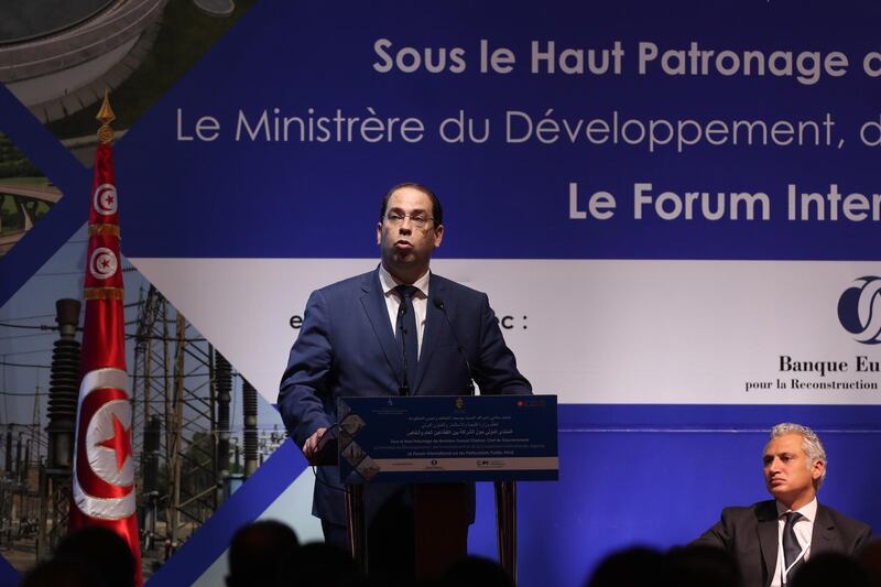 Tunisia Head of Government Youssef Chahed speaks during the International Forum on Public Private Partnerships  in Tunis.  EPA