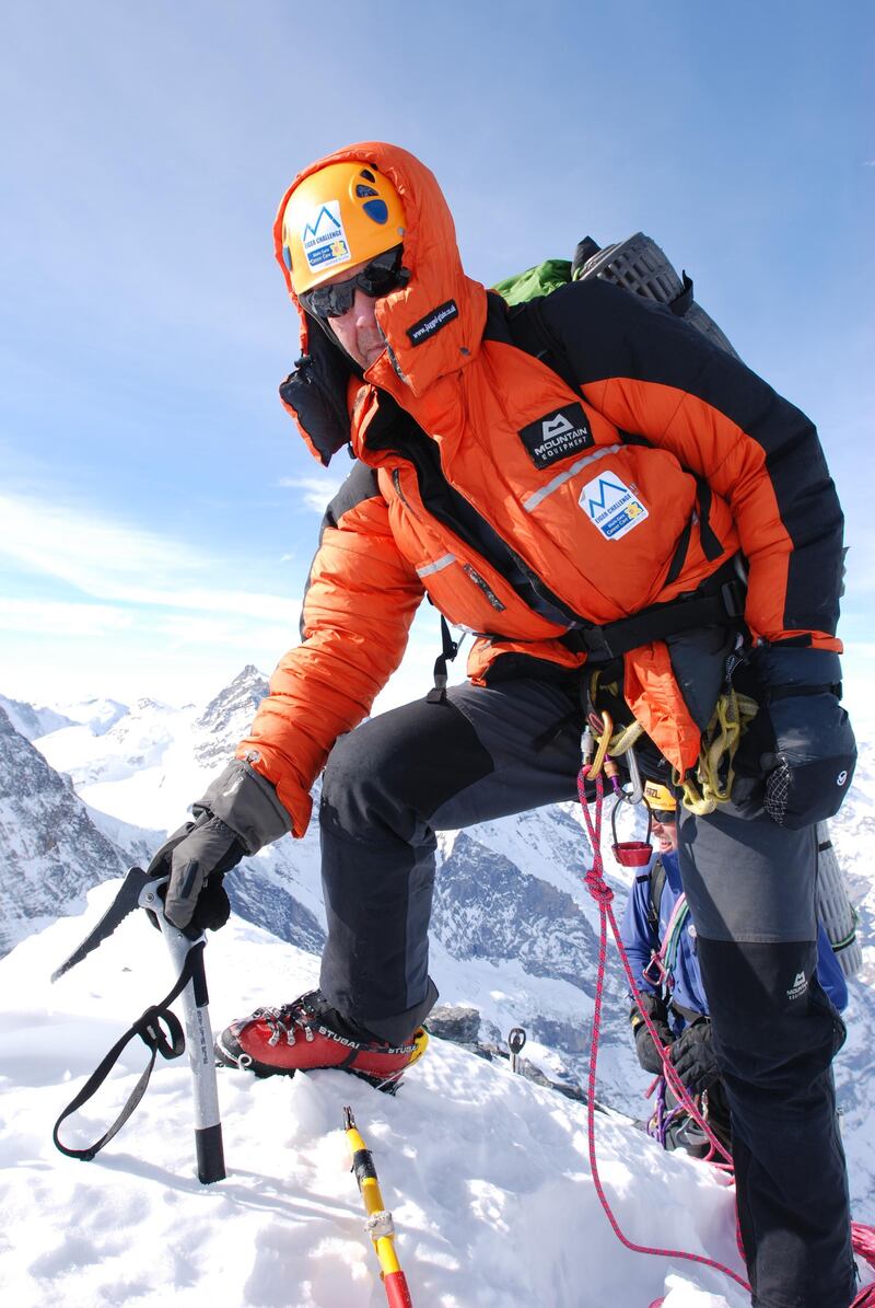 Fiennes at the top of the Eiger Summit, a 3,967-metre mountain of the Bernese Alps, overlooking Grindelwald and Lauterbrunnen in the Bernese Oberland of Switzerland, just north of the main watershed and border with Valais. Ian Parnell