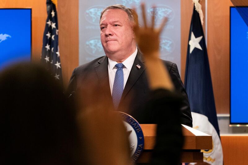 U.S. Secretary of State Mike Pompeo attends a briefing to the media at the State Department in Washington, U.S., November 10, 2020. Jacquelyn Martin/Pool via REUTERS     TPX IMAGES OF THE DAY