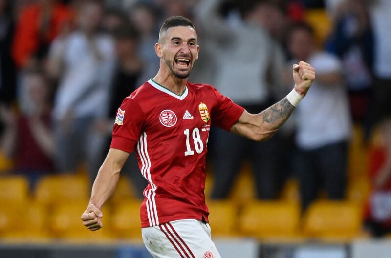 Hungary's Zsolt Nagy celebrates scoring their third goal. Reuters