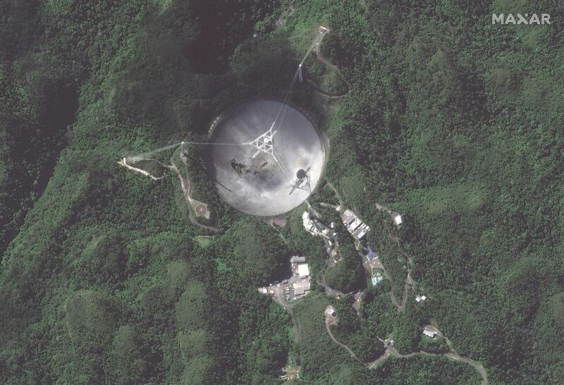An overview of the damaged Arecibo Observatory radio telescope is seen in Arecibo, Puerto Rico, November 17, 2020, in this satellite image supplied by Maxar Technologies. Picture taken November 17, 2020. ?2020 MAXAR TECHNOLOGIES/Handout via REUTERS   ATTENTION EDITORS - THIS IMAGE HAS BEEN SUPPLIED BY A THIRD PARTY. NO RESALES. NO ARCHIVES. MANDATORY CREDIT. MUST NOT OBSCURE LOGO.