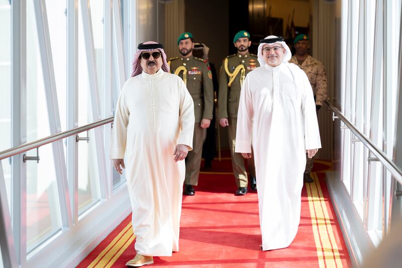 King Hamad and Prince Salman bin Hamad, Crown Prince and First Deputy Supreme Commander of Bahrain, at Sakhir Airbase in Bahrain for the arrival of President Sheikh Mohamed. Hamad Al Kaabi / UAE Presidential Court 