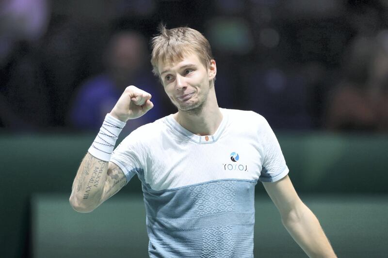 MADRID, SPAIN - NOVEMBER 21: Alexander Bublik of Kazakhstan celebrates in his match against Daniel Evans of Great Britain during Day 4 of the 2019 Davis Cup at La Caja Magica on November 21, 2019 in Madrid, Spain. (Photo by Alex Pantling/Getty Images)