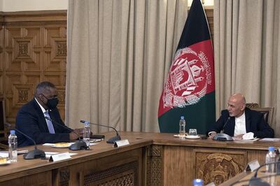 US Defence Secretary of Defense Lloyd J. Austin III meets with Afghanistan's President Ashraf Ghani. Courtesy US Defence Secretary of Defense Lloyd J. Austin III 