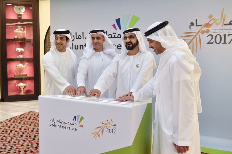 Sheikh Mohammed bin Rashid, Vice President and Ruler of Dubai, signs as a volunteer, with Sheikh Mansour bin Zayed, Deputy Prime Minister and Minister of Presidential Affairs, Sheikh Saif bin Zayed, Deputy Prime Minister and Minister of Interior, and Sheikh Abdullah bin Zayed, Minister of Foreign Affairs. Sheikh Mohammed and Sheikh Mohammed bin Zayed, Crown Prince of Abu Dhabi and Deputy Supreme Commander of the Armed Forces, were first to sign. Wam
