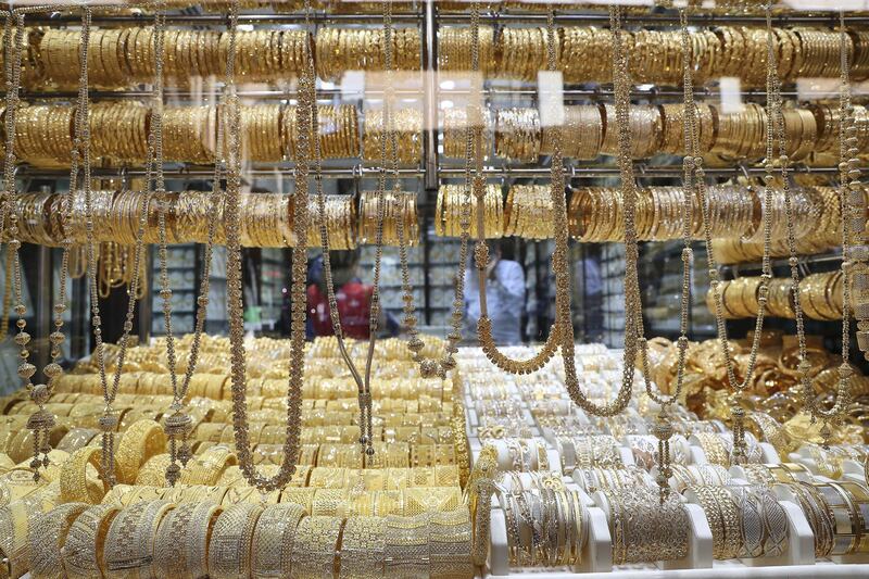 DUBAI , UNITED ARAB EMIRATES , Mar 10 – 2020 :- Gold jewellery on display at one of the jewellery shop in Dubai Gold Souk in Deira Dubai. ( Pawan Singh / The National ) For News/Online Story by Kelly