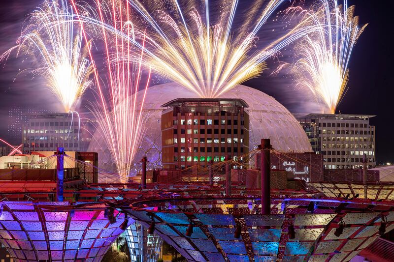 Fireworks explode at Expo 2020 Dubai to mark New Year 2022. Reuters