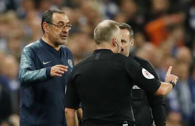 Soccer Football - Carabao Cup Final - Manchester City v Chelsea - Wembley Stadium, London, Britain - February 24, 2019  Chelsea manager Maurizio Sarri protests with referee Jonathan Moss after he called Kepa Arrizabalaga to be substituted     Action Images via Reuters/Carl Recine  EDITORIAL USE ONLY. No use with unauthorized audio, video, data, fixture lists, club/league logos or "live" services. Online in-match use limited to 75 images, no video emulation. No use in betting, games or single club/league/player publications.  Please contact your account representative for further details.