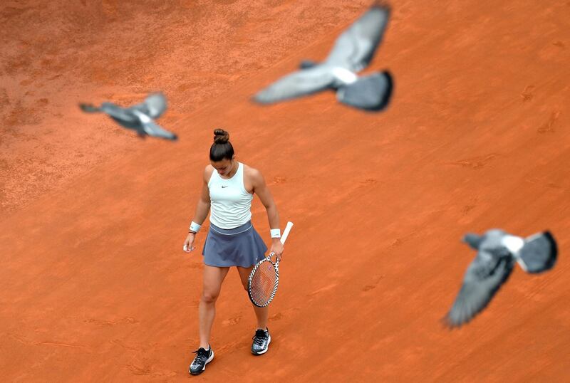 Pigeons fly over Greece's Maria Sakkari during her  WTA Masters tournament semi final tennis match against Czech Republic's Karolina Pliskova at the Foro Italico camp in Rome.  AFP