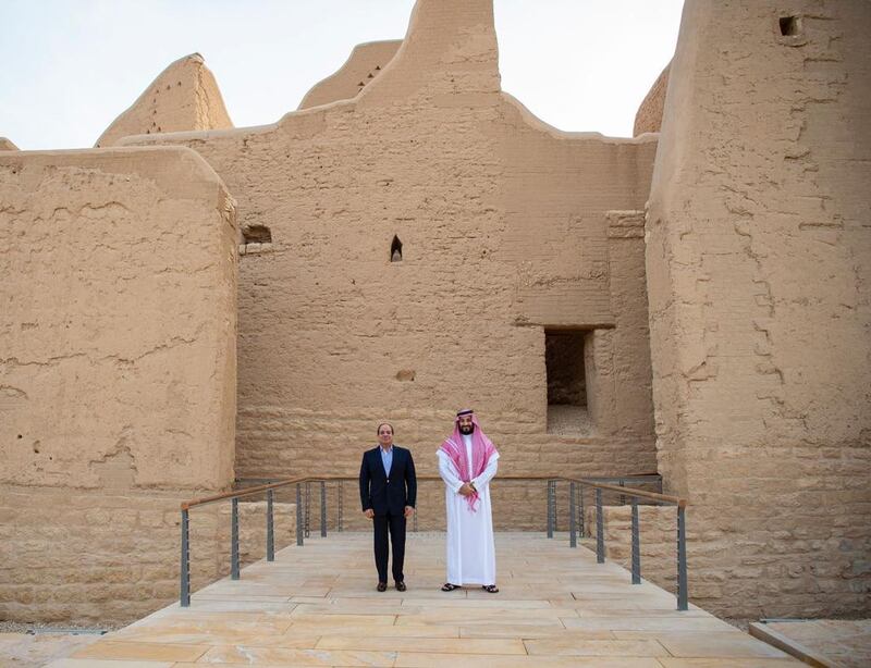 Saudi Arabia's Crown Prince Mohammed bin Salman and Egypt's President Abdel Fattah El Sisi at Al Turaif in Diriyah. The desert city on the outskirts of Riyadh was the original seat of the Al Saud family and served as the country's capital after 1727.